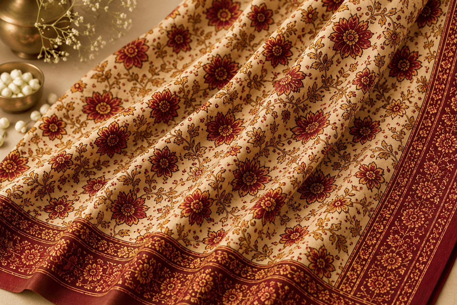 Handblock floral fabric draped by the metre