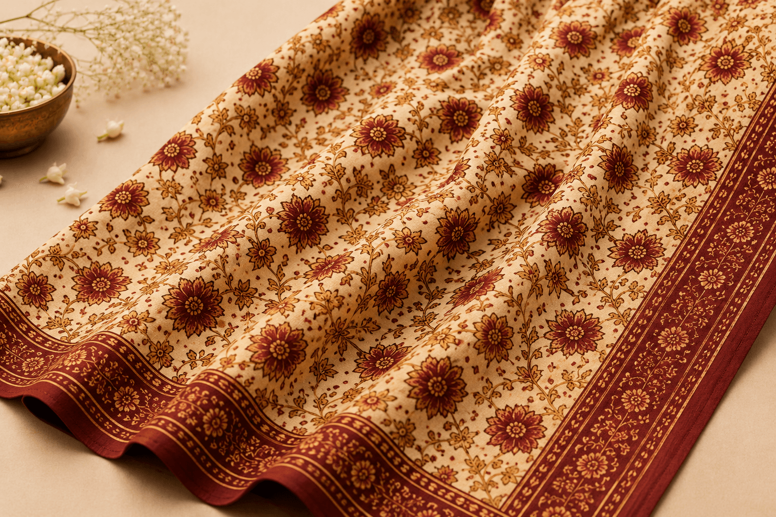 Close-up of handblock floral fabric with gold border